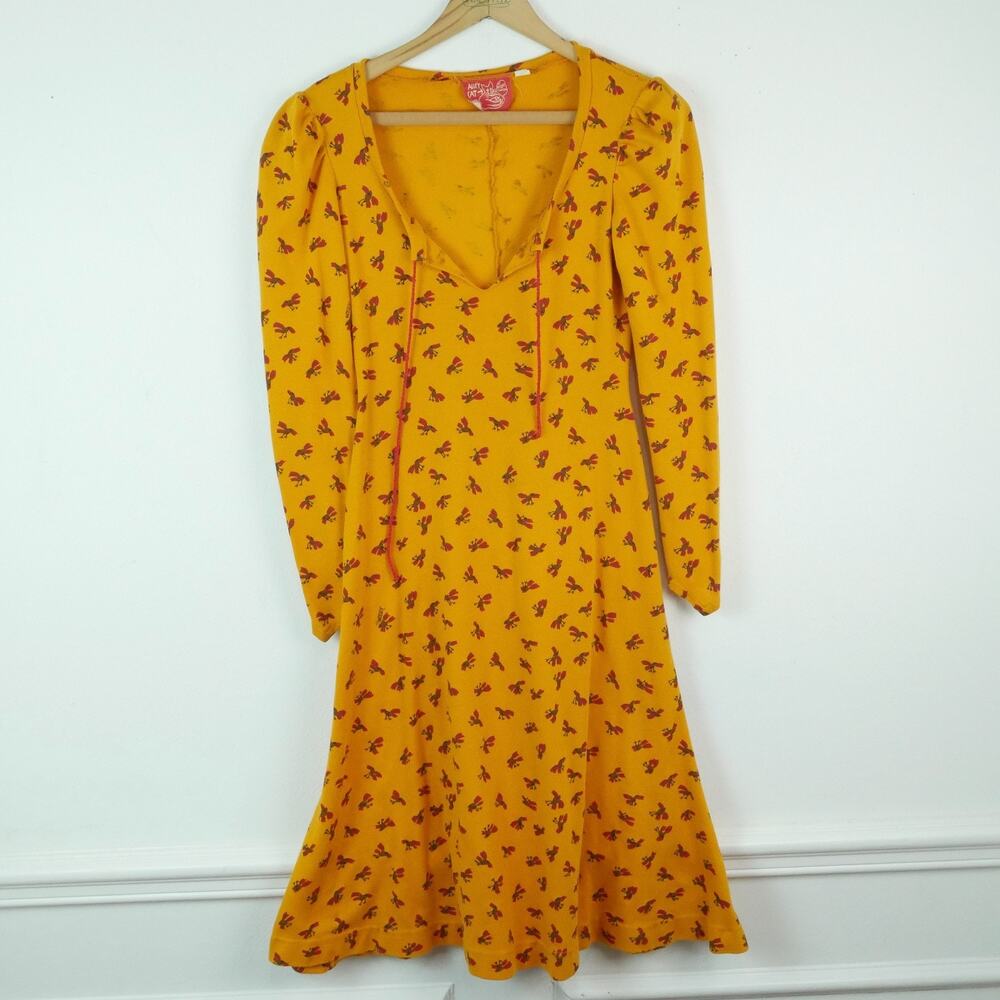 Betsey Johnson Alley Cat 7/8 XS Dress Vintage 70s Bird Print Yellow Puff Sleeve